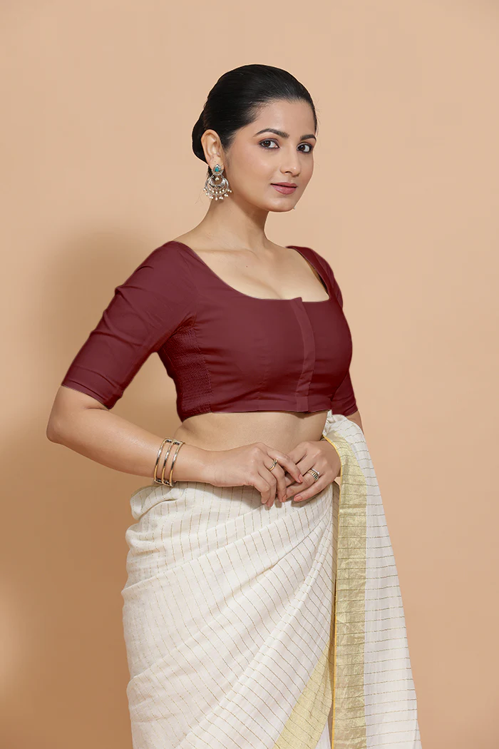 Vritika x Rozaana | Scoop Neck Royal Maroon Plain Cotton Saree Blouse