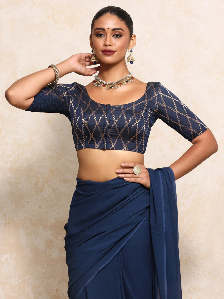 Kumkum x Tyohaar | Elbow Sleeves Saree Blouse in Royal Navy Vine Mesh Brocade - Image 12