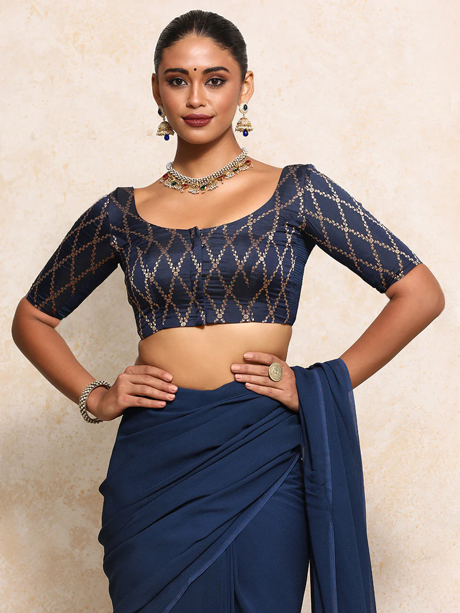 Kumkum x Tyohaar | Elbow Sleeves Saree Blouse in Royal Navy Vine Mesh Brocade - Image 9