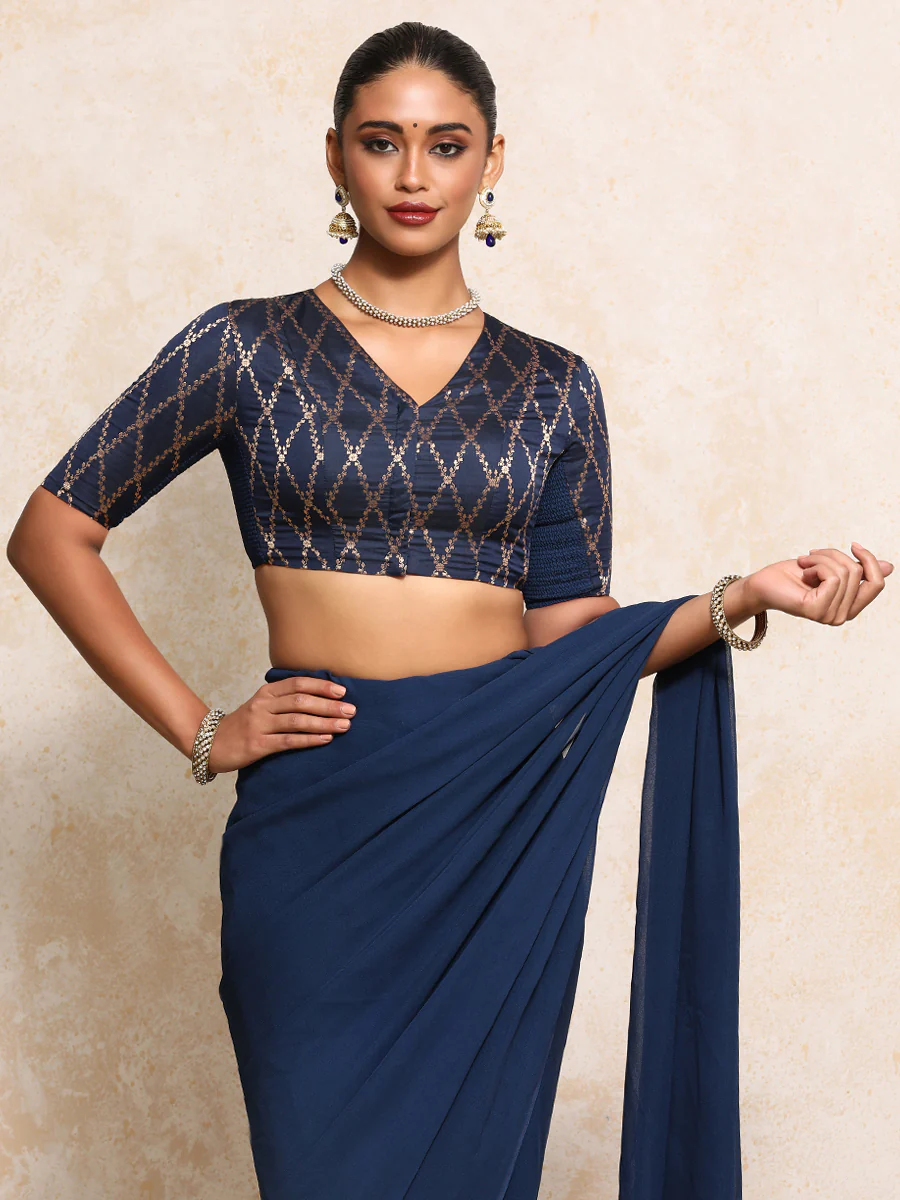 Manisha x Tyohaar | Elbow Sleeves Saree Blouse in Royal Navy Vine Mesh Brocade - Image 7