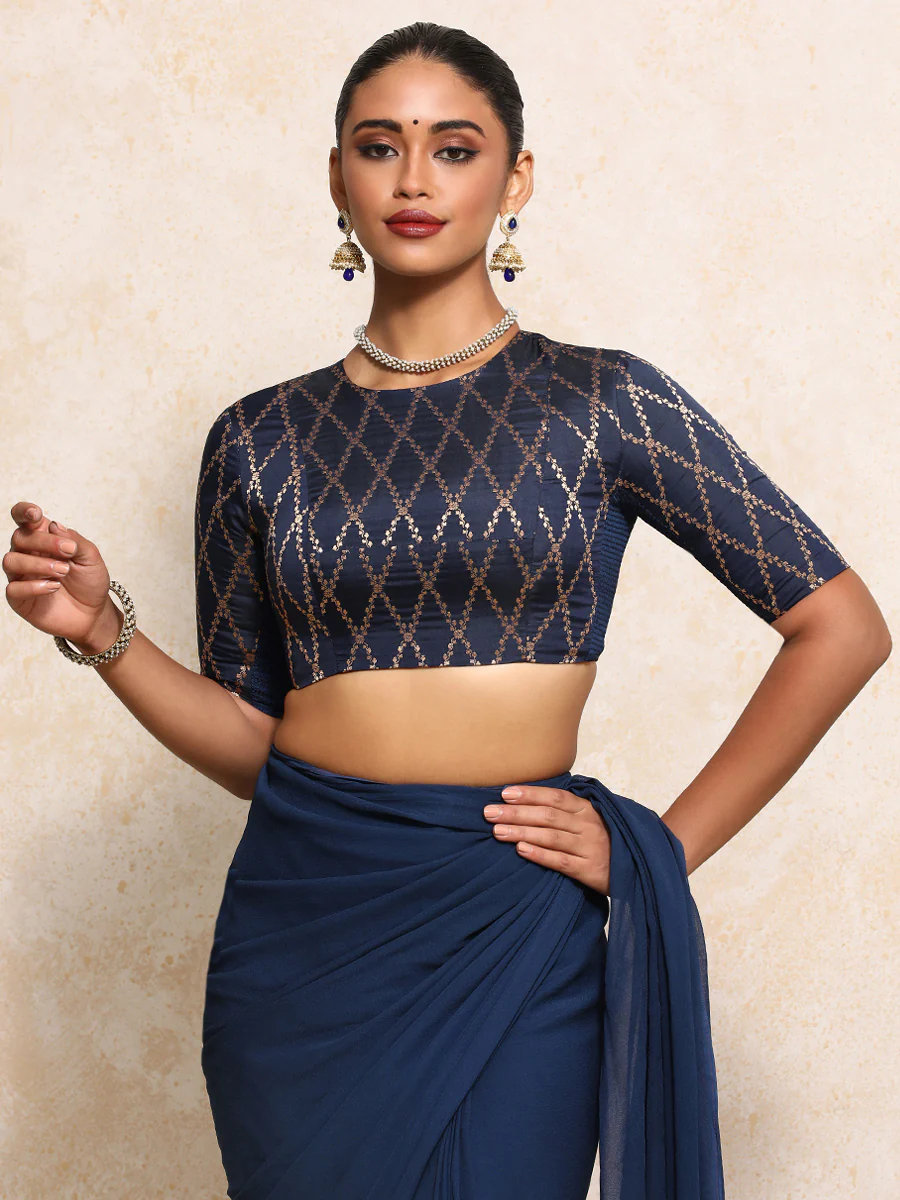 Reena x Tyohaar | Elbow Sleeves Saree Blouse in Royal Navy Vine Mesh Brocade - Image 10