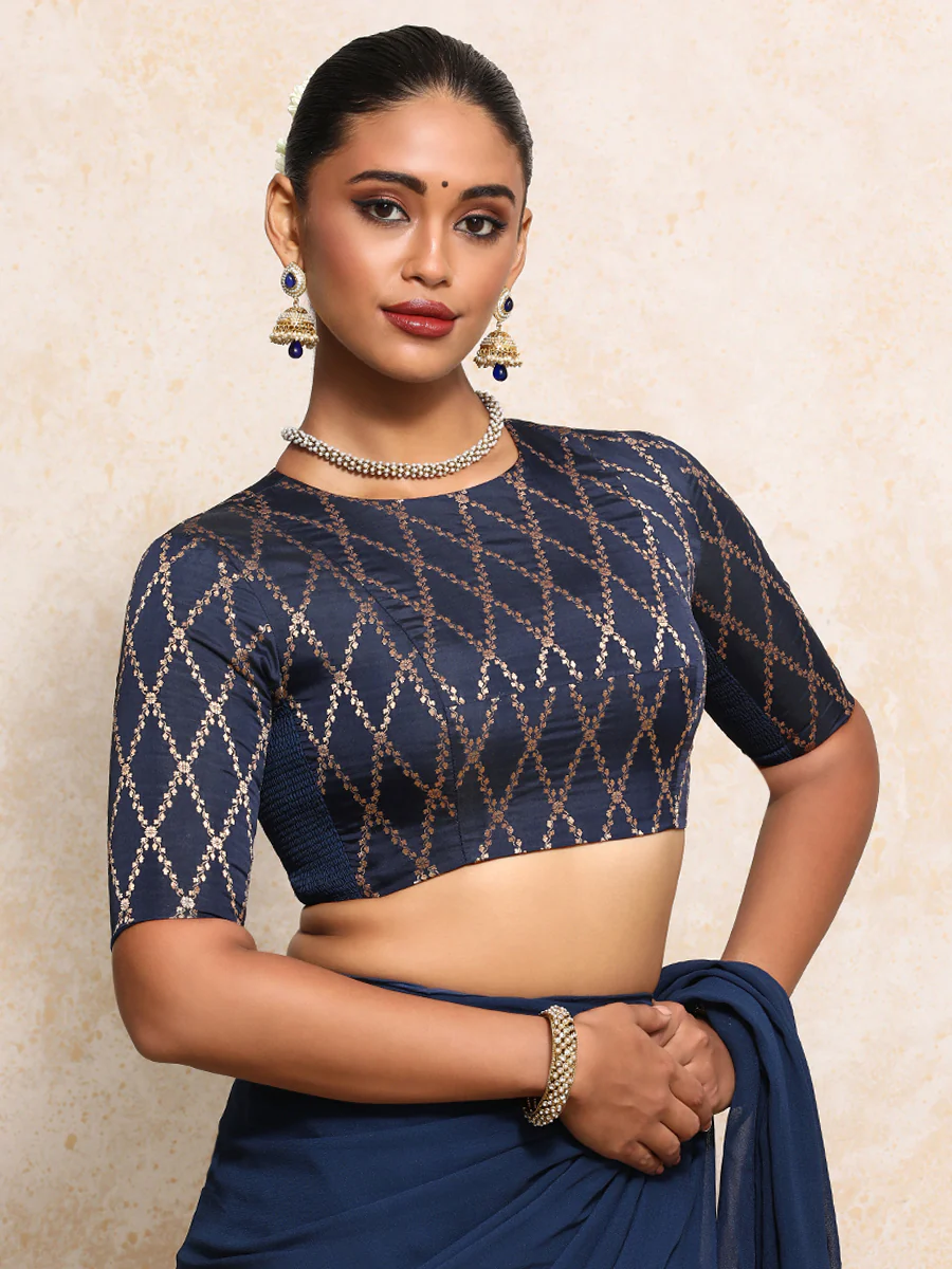 Reena x Tyohaar | Elbow Sleeves Saree Blouse in Royal Navy Vine Mesh Brocade - Image 11