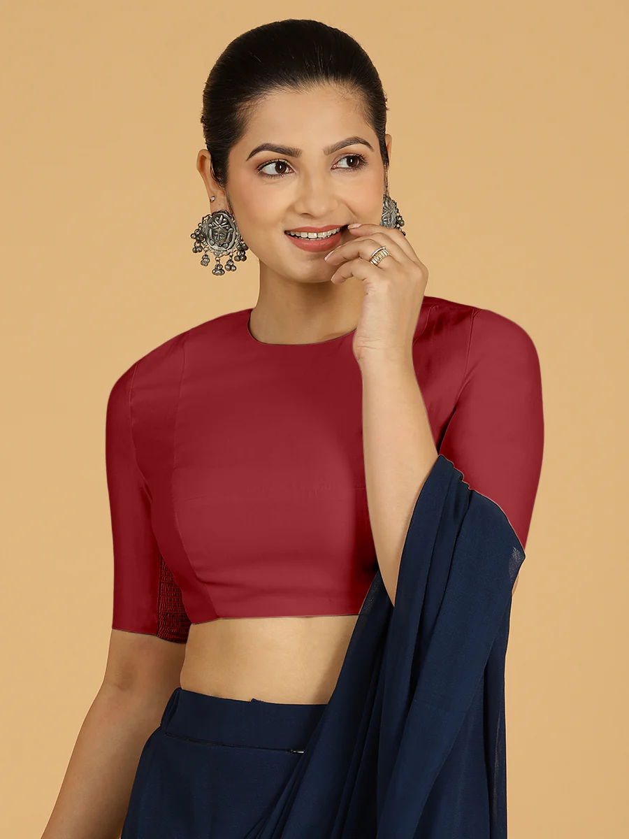 Amisha x Rozaana | Elbow Sleeves Saree Blouse in Scarlet Red - Image 7