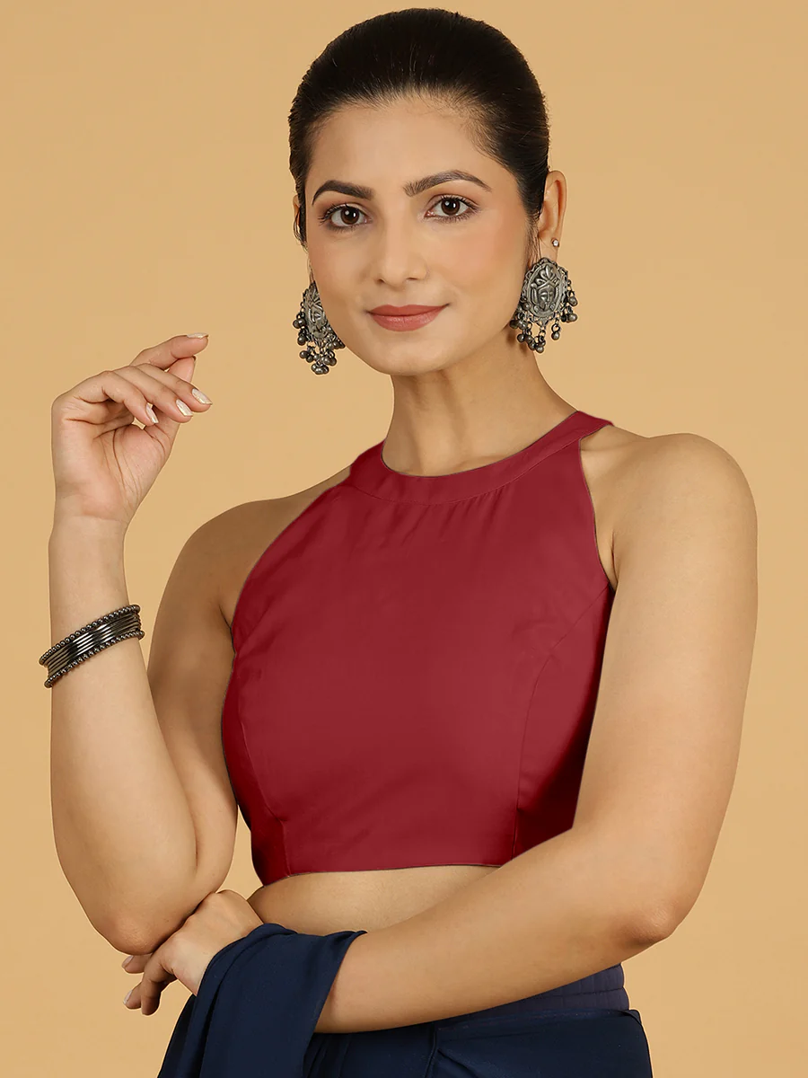 Zubeida x Rozaana | Scarlet Red Sleeveless Halter Neck Saree Blouse - Image 6