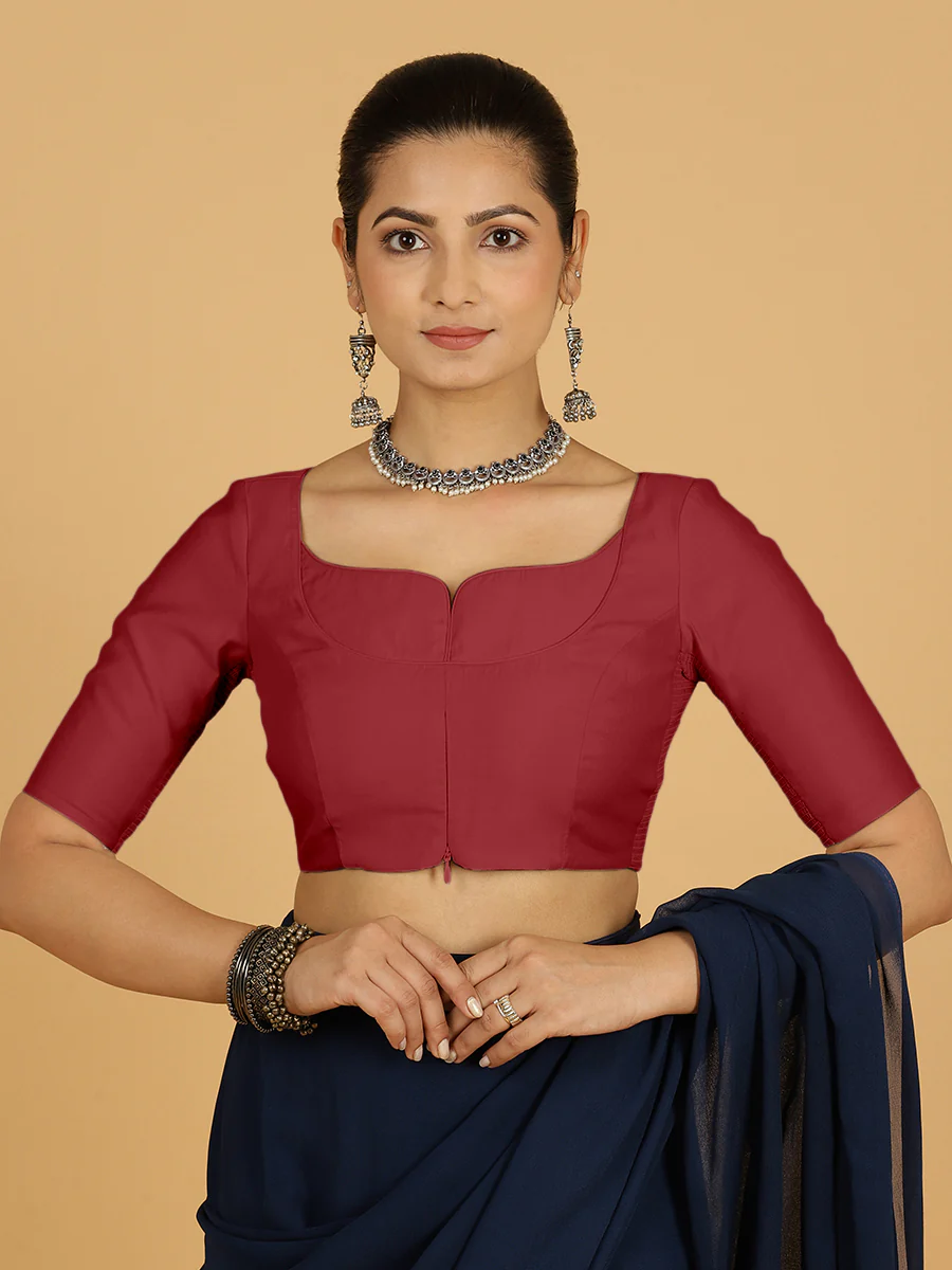 Priya x Rozaana | Elbow Sleeves Saree Blouse in Scarlet Red - Image 12