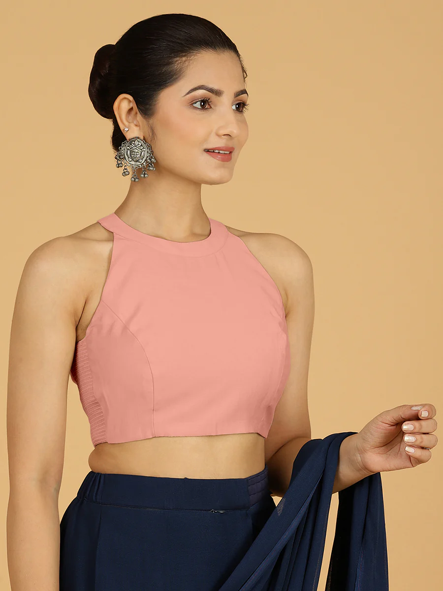 Zubeida x Rozaana | Sea Pink Sleeveless Halter Neck Saree Blouse - Image 6