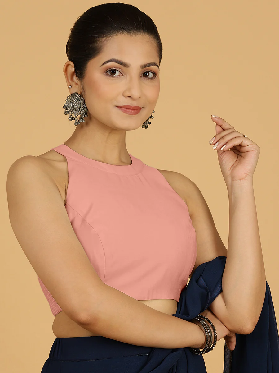 Zubeida x Rozaana | Sea Pink Sleeveless Halter Neck Saree Blouse - Image 9