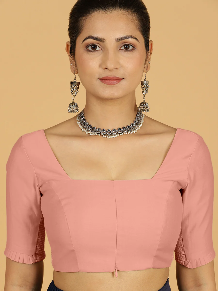 Nihira x Rozaana | Elbow Sleeves Saree Blouse in Sea Pink - Image 6