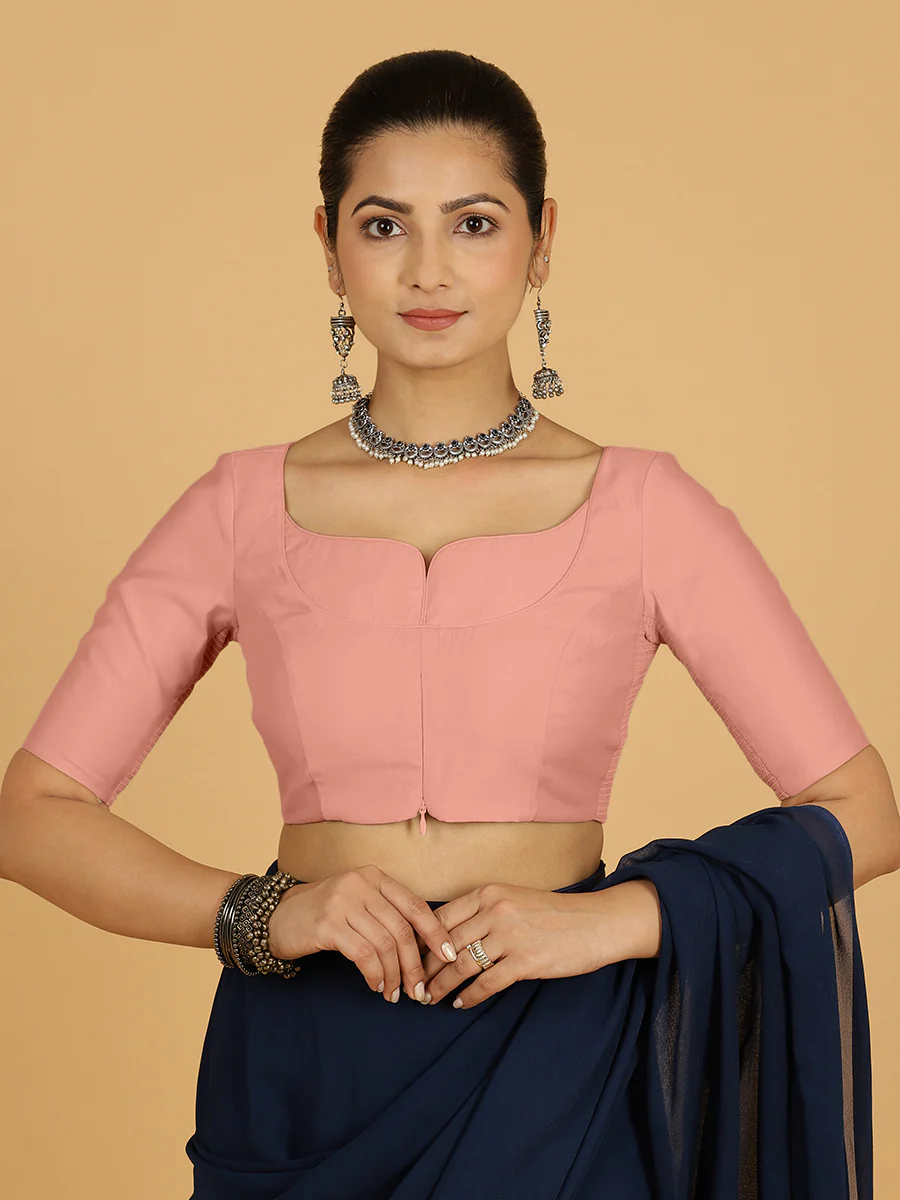 Priya x Rozaana | Elbow Sleeves Saree Blouse in Sea Pink - Image 12
