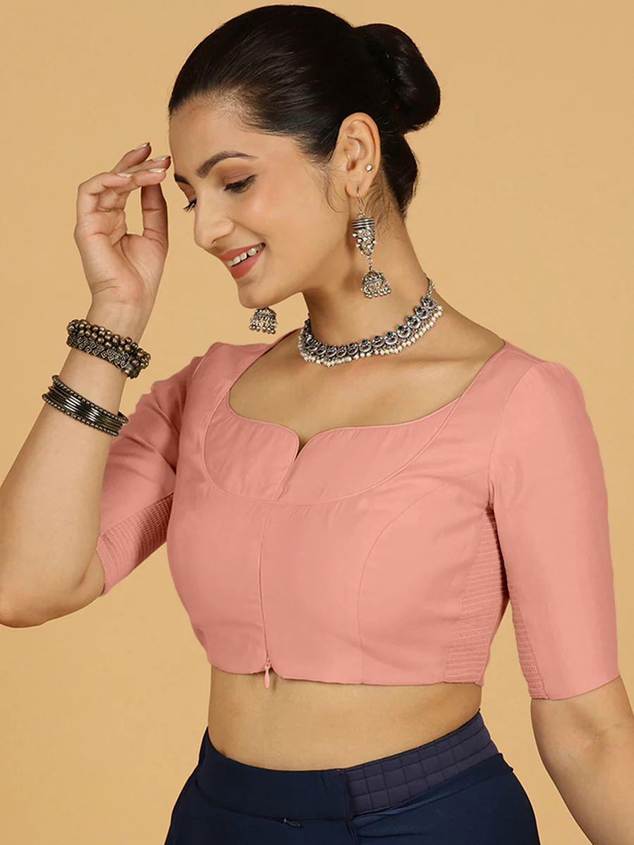 Priya x Rozaana | Elbow Sleeves Saree Blouse in Sea Pink - Image 6