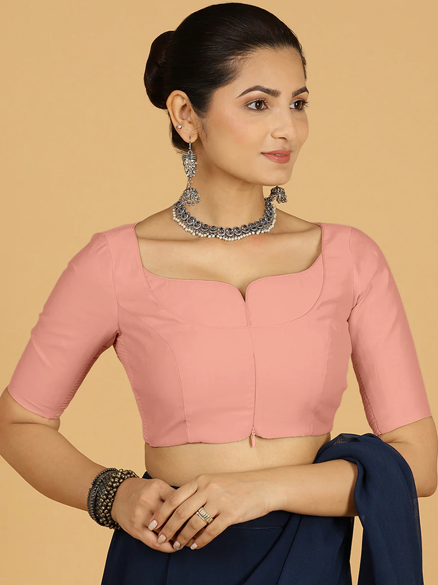 Priya x Rozaana | Elbow Sleeves Saree Blouse in Sea Pink - Image 7