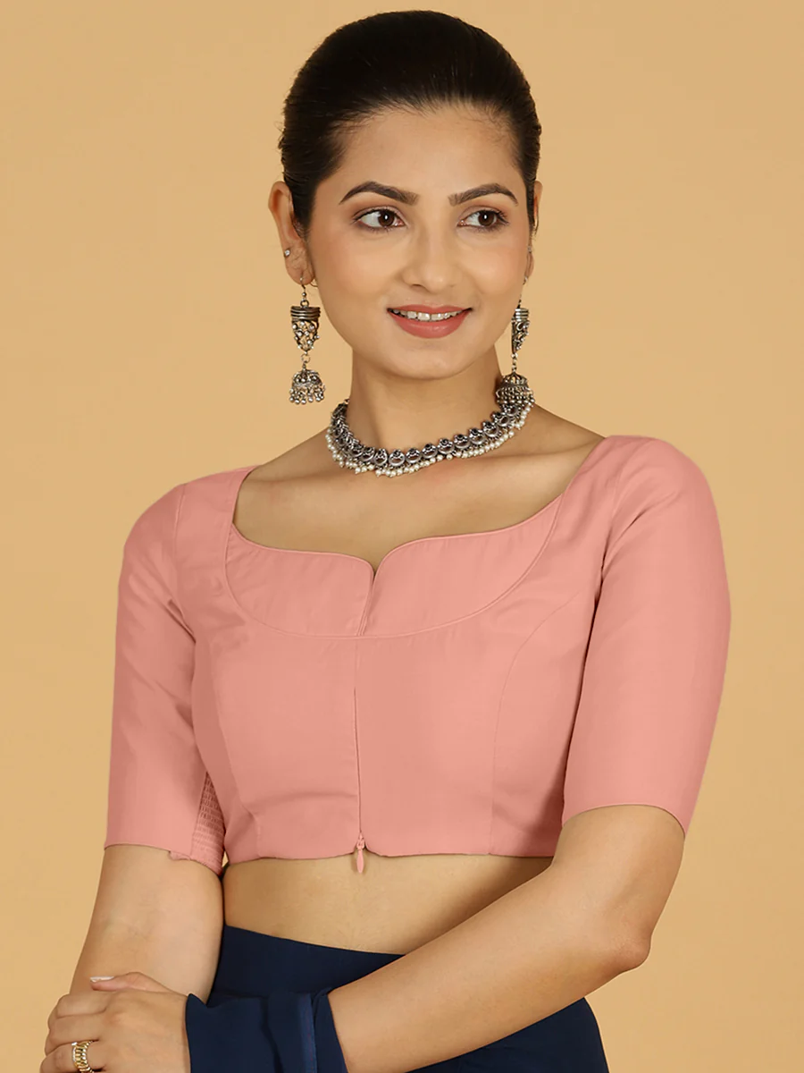 Priya x Rozaana | Elbow Sleeves Saree Blouse in Sea Pink - Image 8
