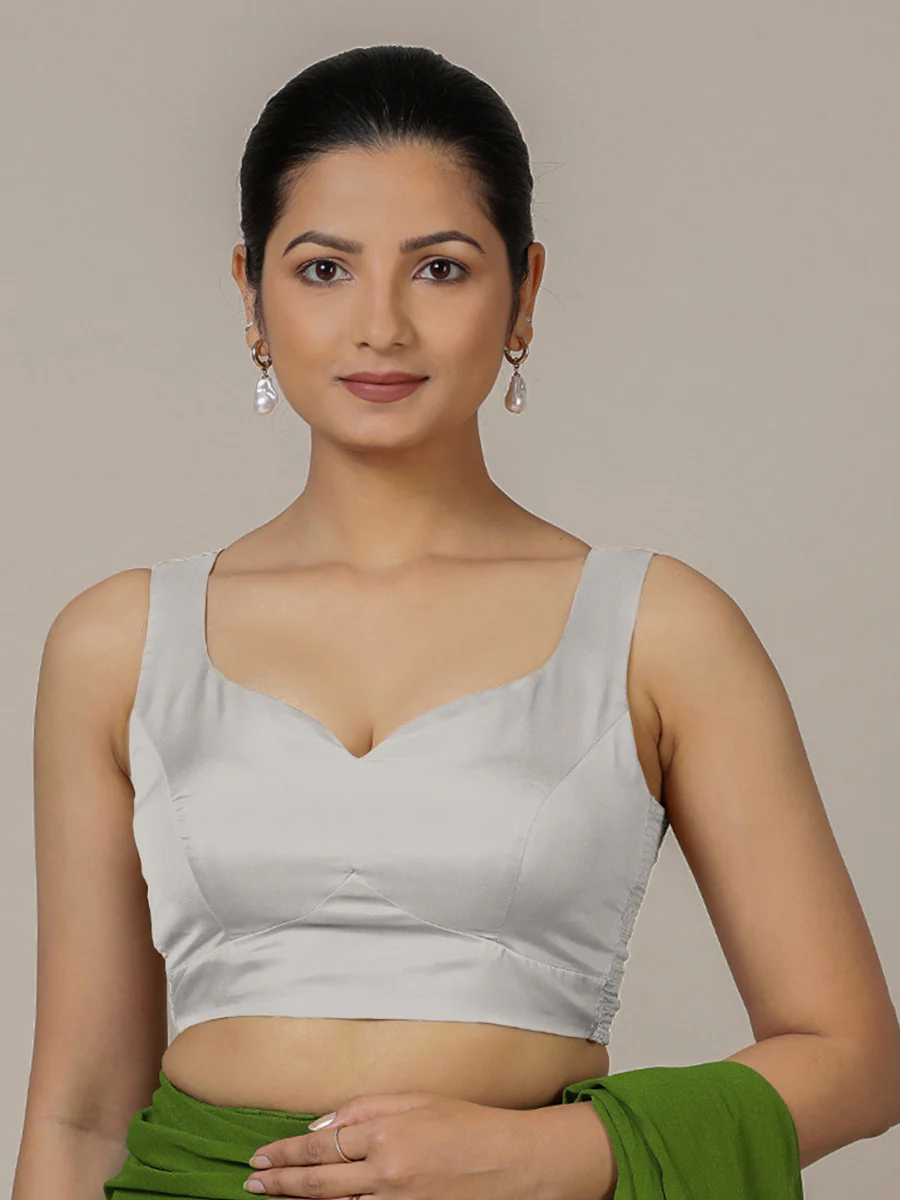 Ishika x Rozaana | Silver Sleeveless FlexiFit™ Saree Blouse with Beetle Leaf Neckline and Back Cut-out with Tie-Up - Image 4