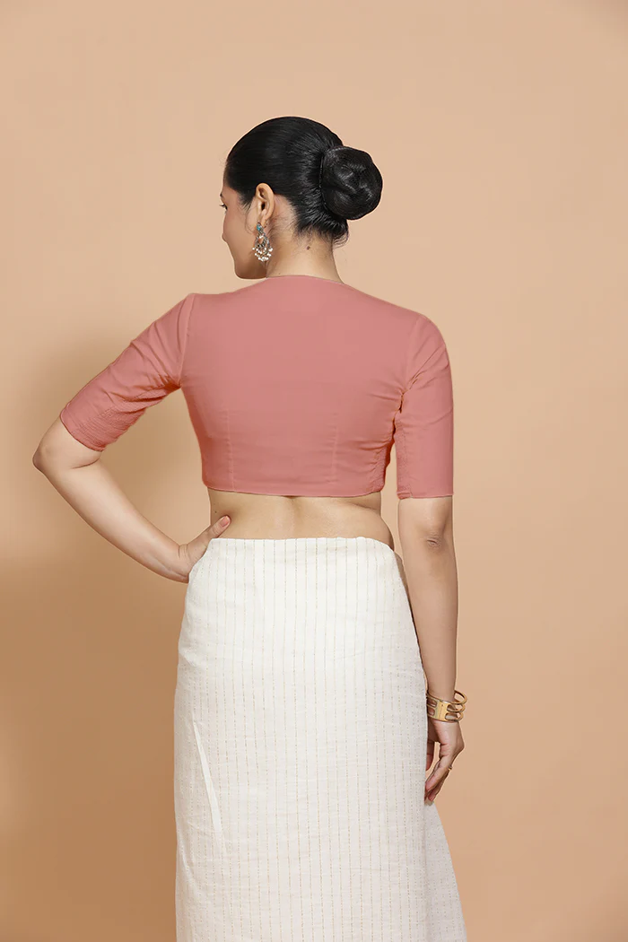 Ananya x Rozaana | Round Neck Soft Peach Plain Cotton Saree Blouse - Image 2