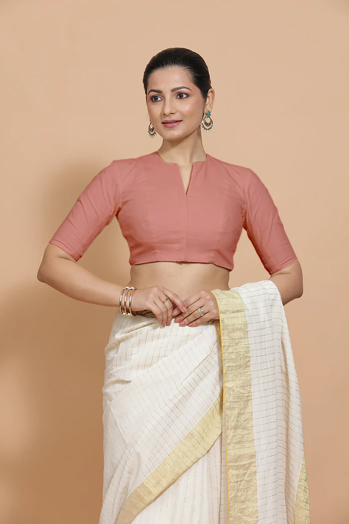 Ananya x Rozaana | Round Neck Soft Peach Plain Cotton Saree Blouse - Image 7