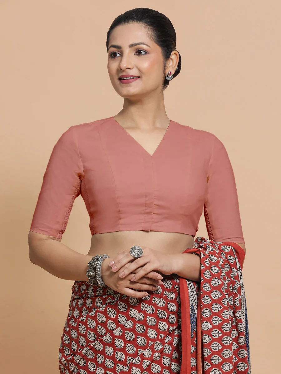 Garima x Rozaana | V-Neck Soft Peach Plain Cotton Saree Blouse