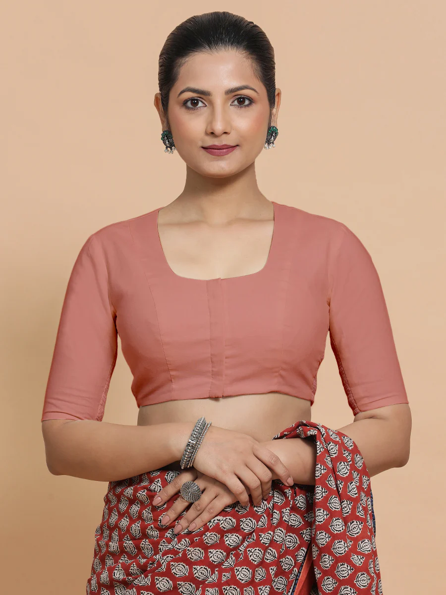 Koel x Rozaana | Round Neck Soft Peach Plain Cotton Saree Blouse - Image 6