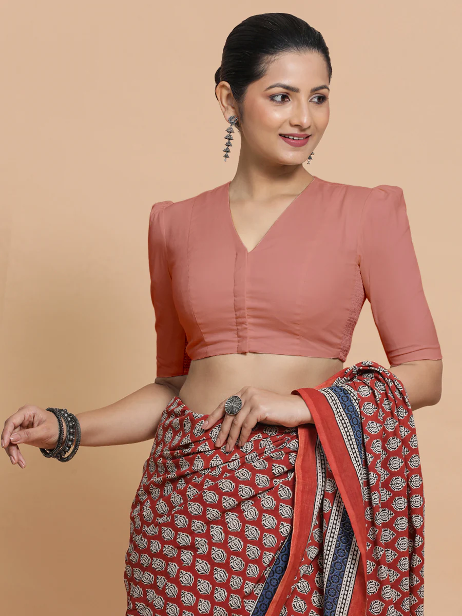 Kriti x Rozaana | V-Neck Soft Peach Plain Cotton Saree Blouse - Image 6