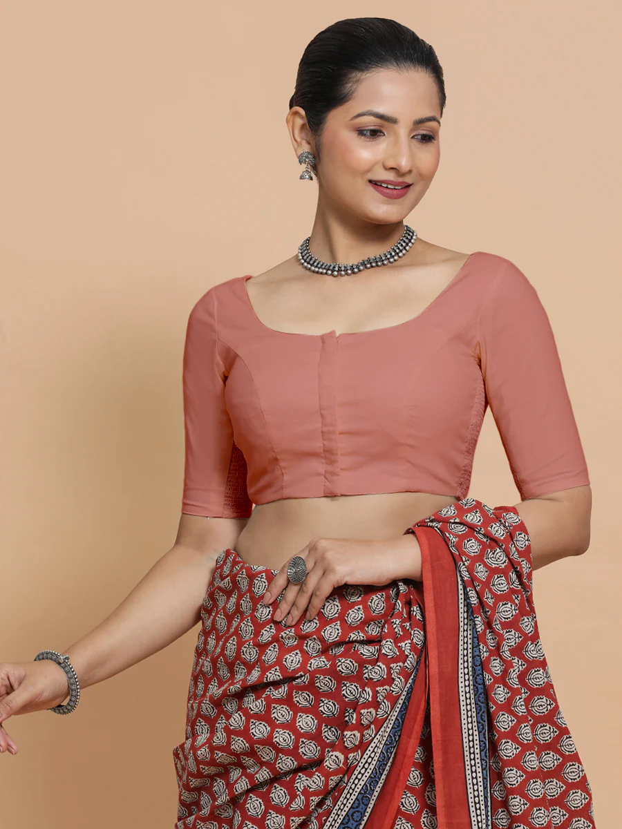 Lahari x Rozaana | Round Neck Soft Peach Plain Cotton Saree Blouse - Image 6