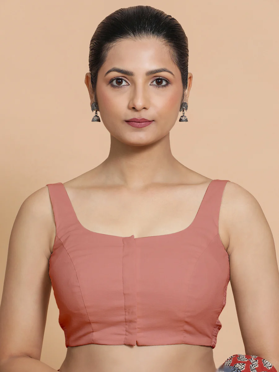 Mohini x Rozaana | Round Neck Soft Peach Plain Cotton Saree Blouse - Image 4