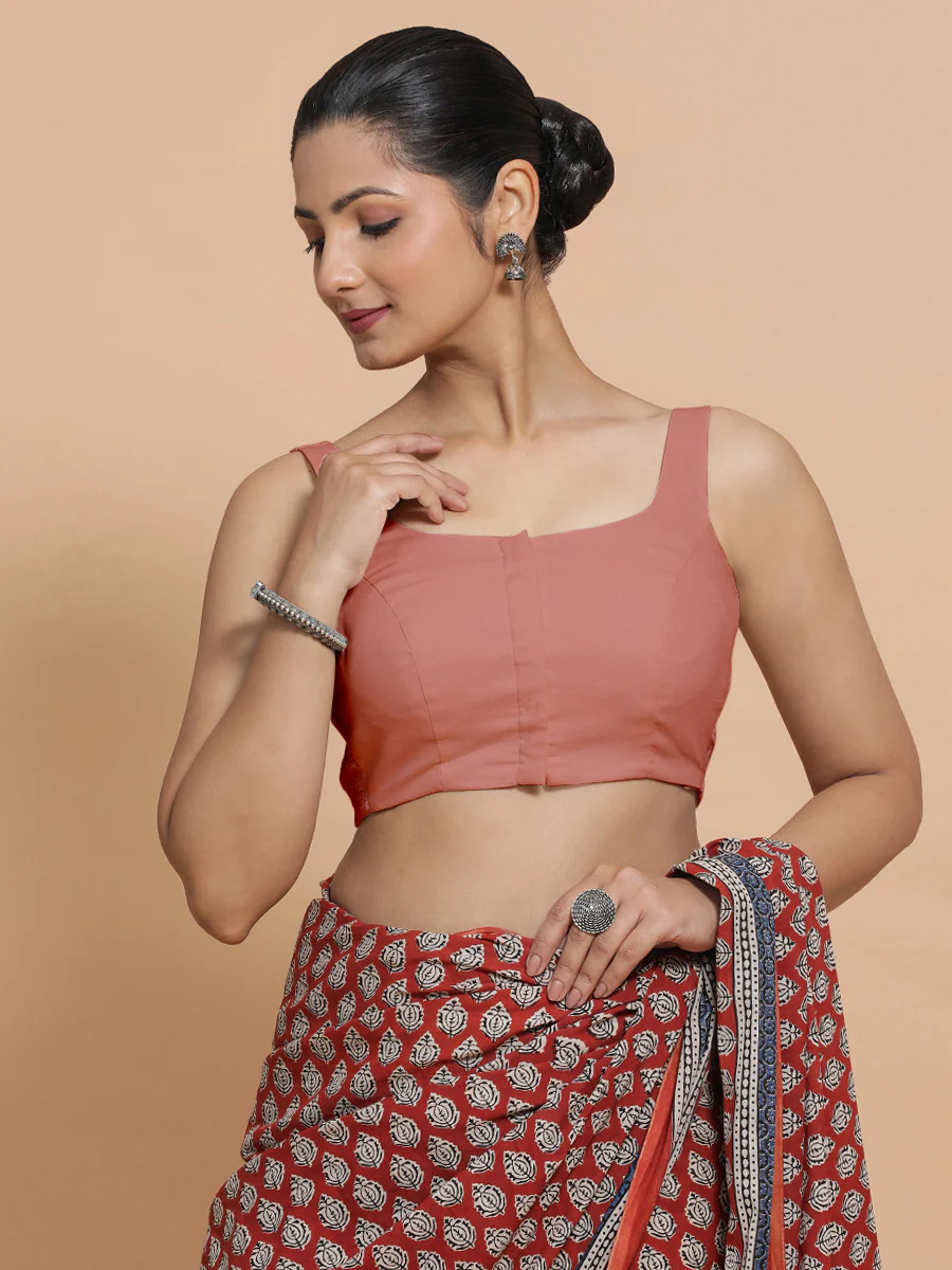Mohini x Rozaana | Round Neck Soft Peach Plain Cotton Saree Blouse - Image 7