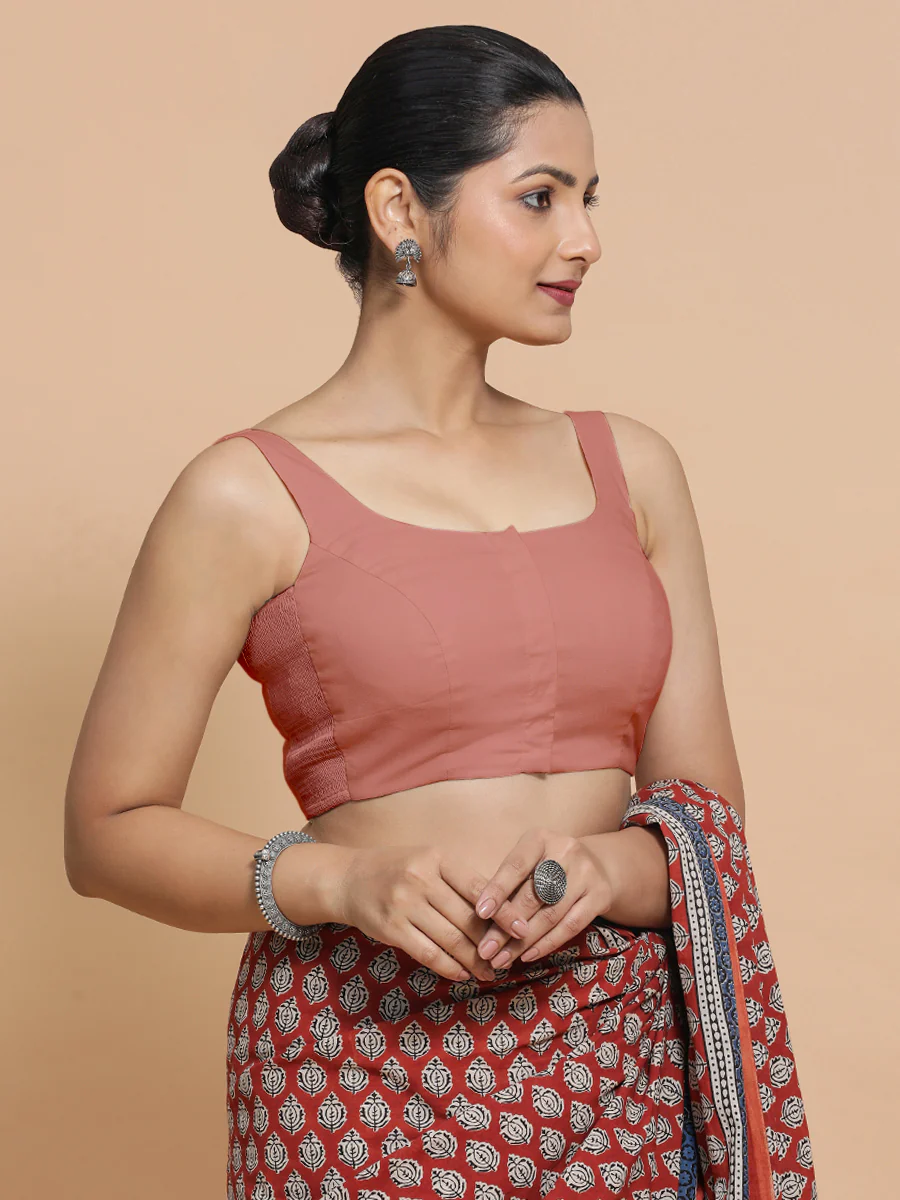 Mohini x Rozaana | Round Neck Soft Peach Plain Cotton Saree Blouse - Image 9