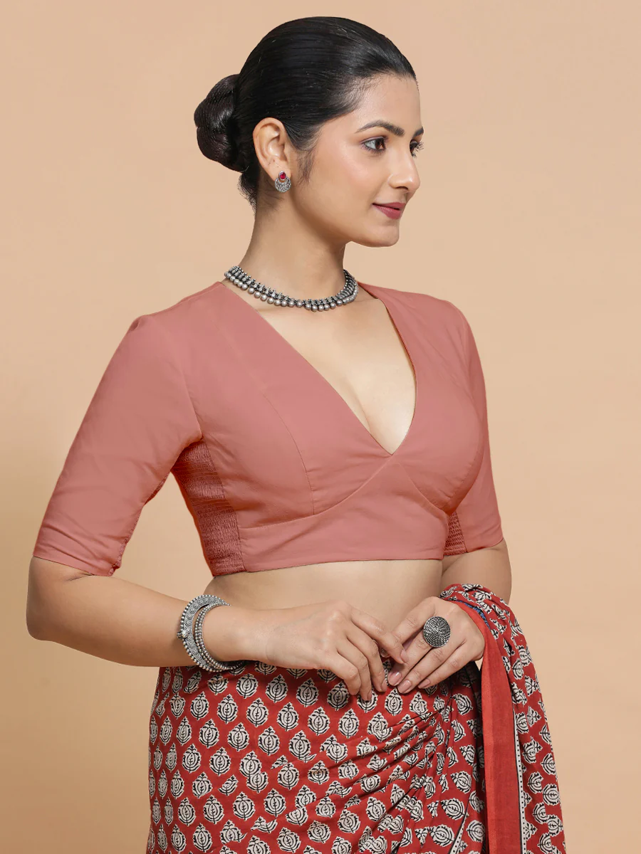 Riddhima x Rozaana | V-Neck Soft Peach Plain Cotton Saree Blouse - Image 11