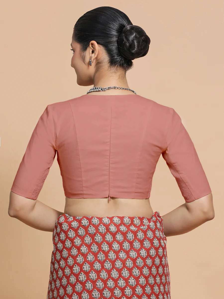 Riddhima x Rozaana | V-Neck Soft Peach Plain Cotton Saree Blouse - Image 2
