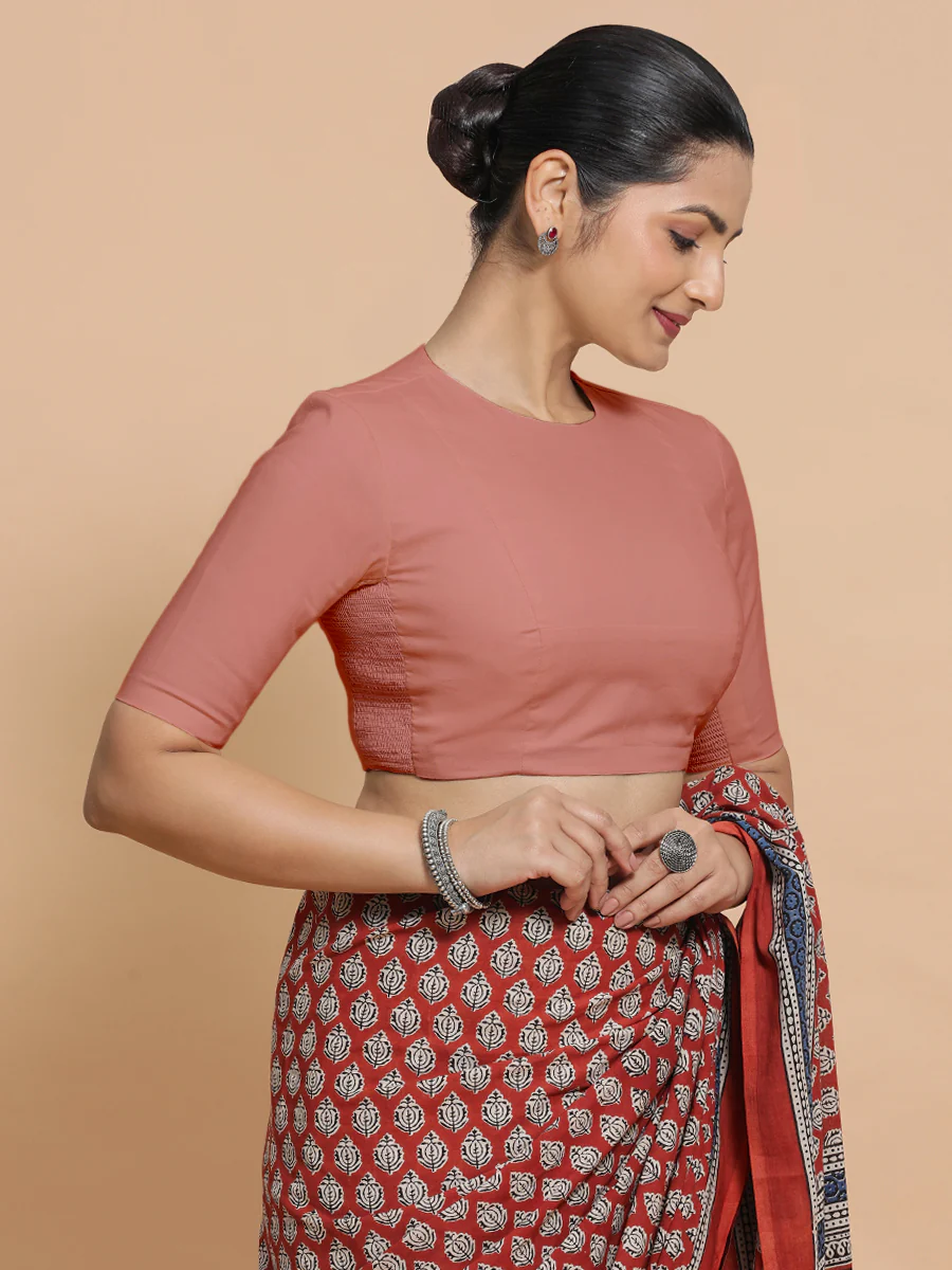 Suhana x Rozaana | Jewel Neck Soft Peach Plain Cotton Saree Blouse