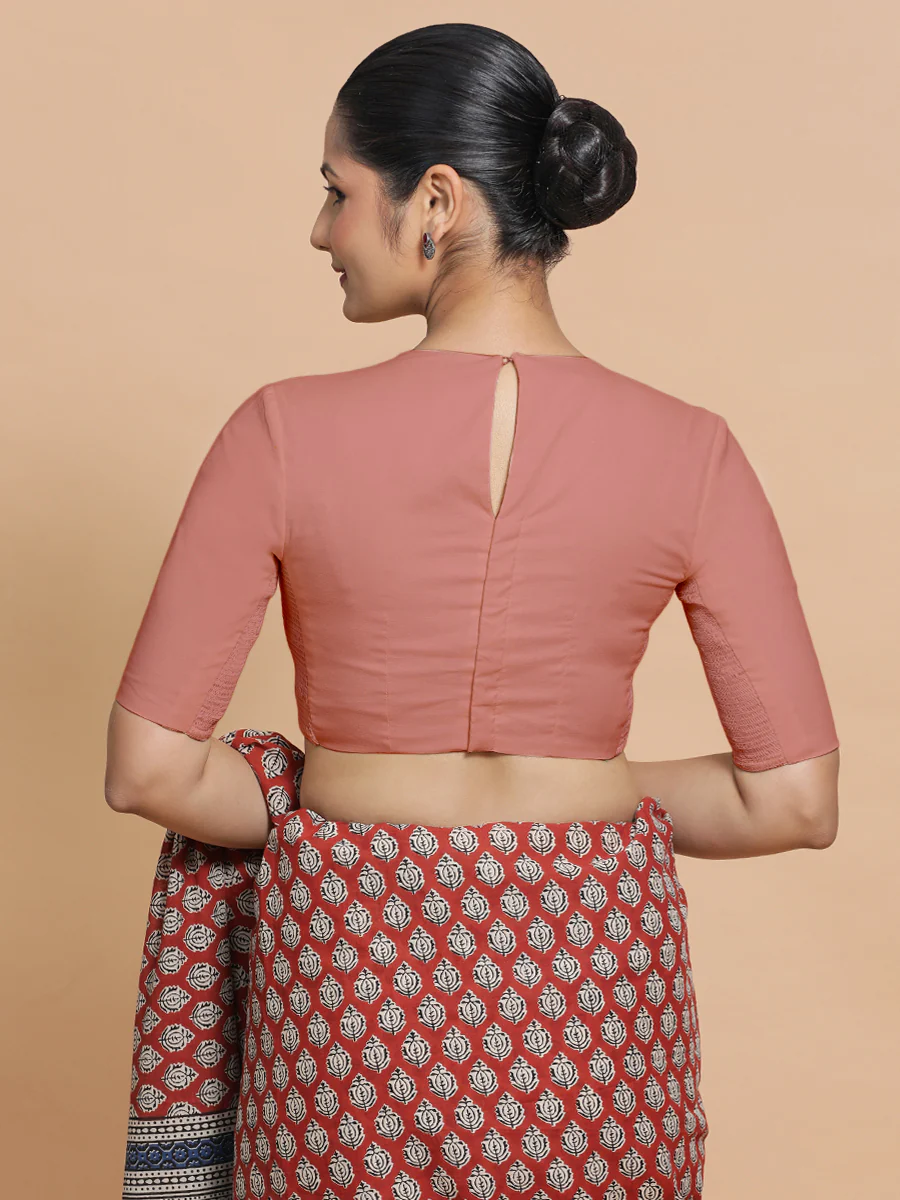 Suhana x Rozaana | Jewel Neck Soft Peach Plain Cotton Saree Blouse - Image 2