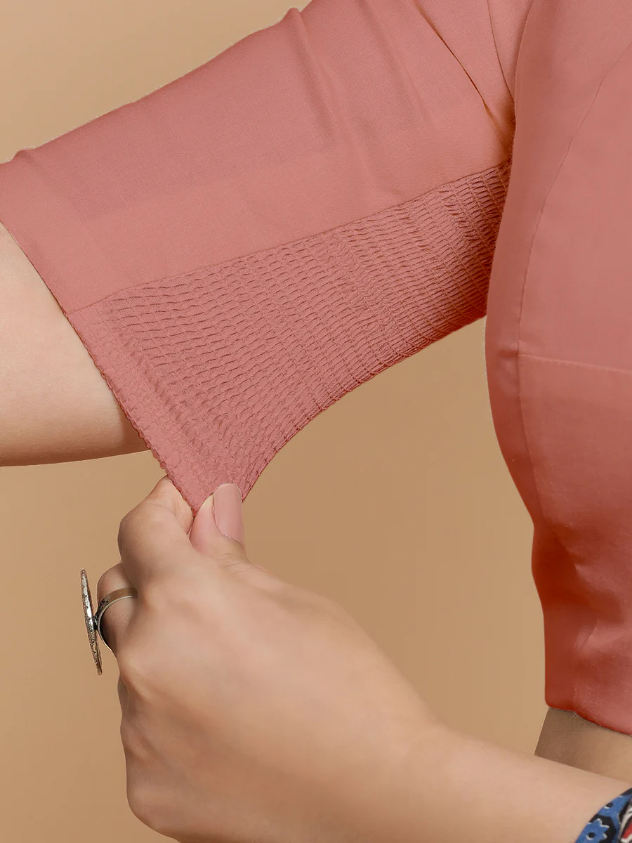 Suhana x Rozaana | Jewel Neck Soft Peach Plain Cotton Saree Blouse - Image 4