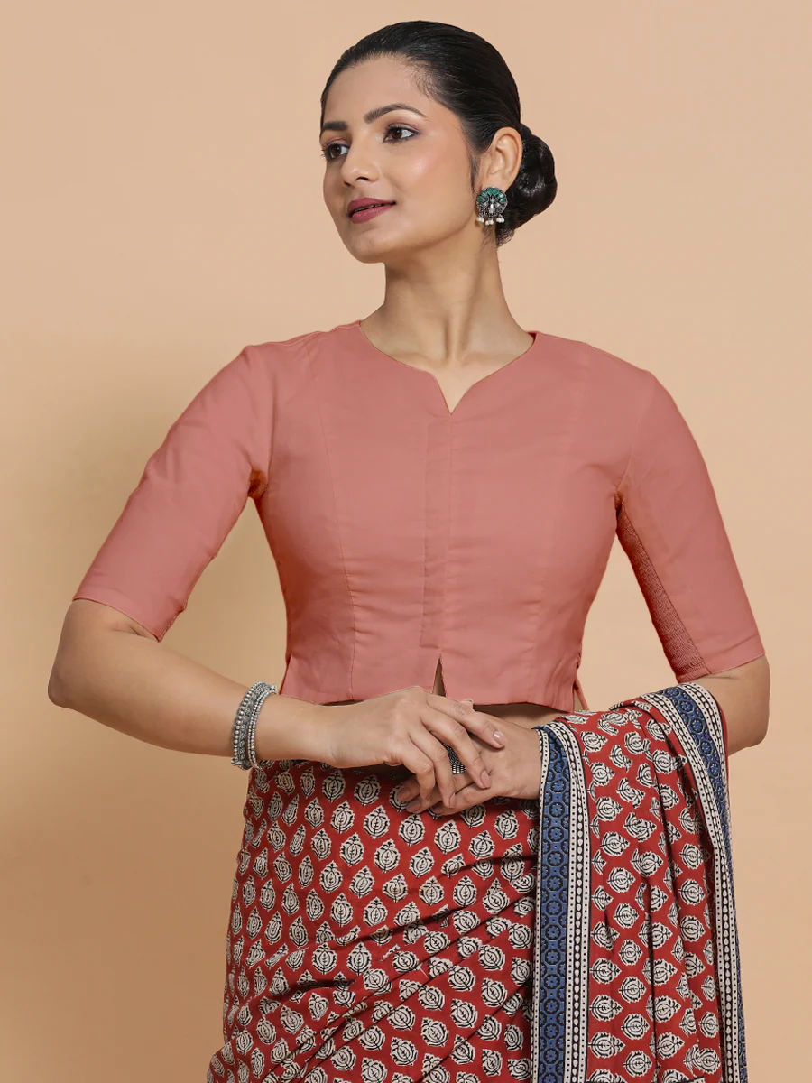 Tejasvi x Rozaana | Round Neck Soft Peach Plain Cotton Saree Blouse - Image 6