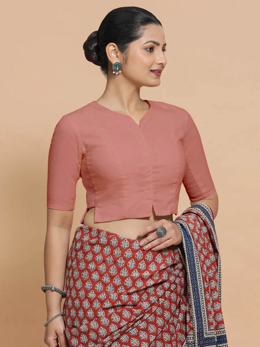 Tejasvi x Rozaana | Round Neck Soft Peach Plain Cotton Saree Blouse - Image 9
