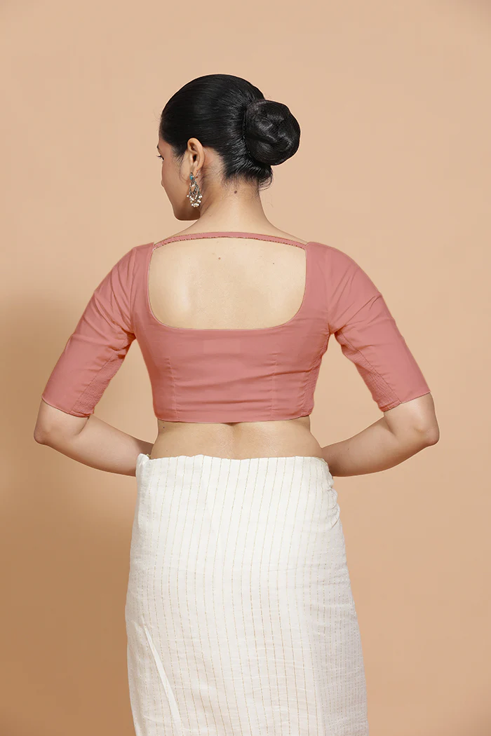 Vritika x Rozaana | Scoop Neck Soft Peach Plain Cotton Saree Blouse - Image 2