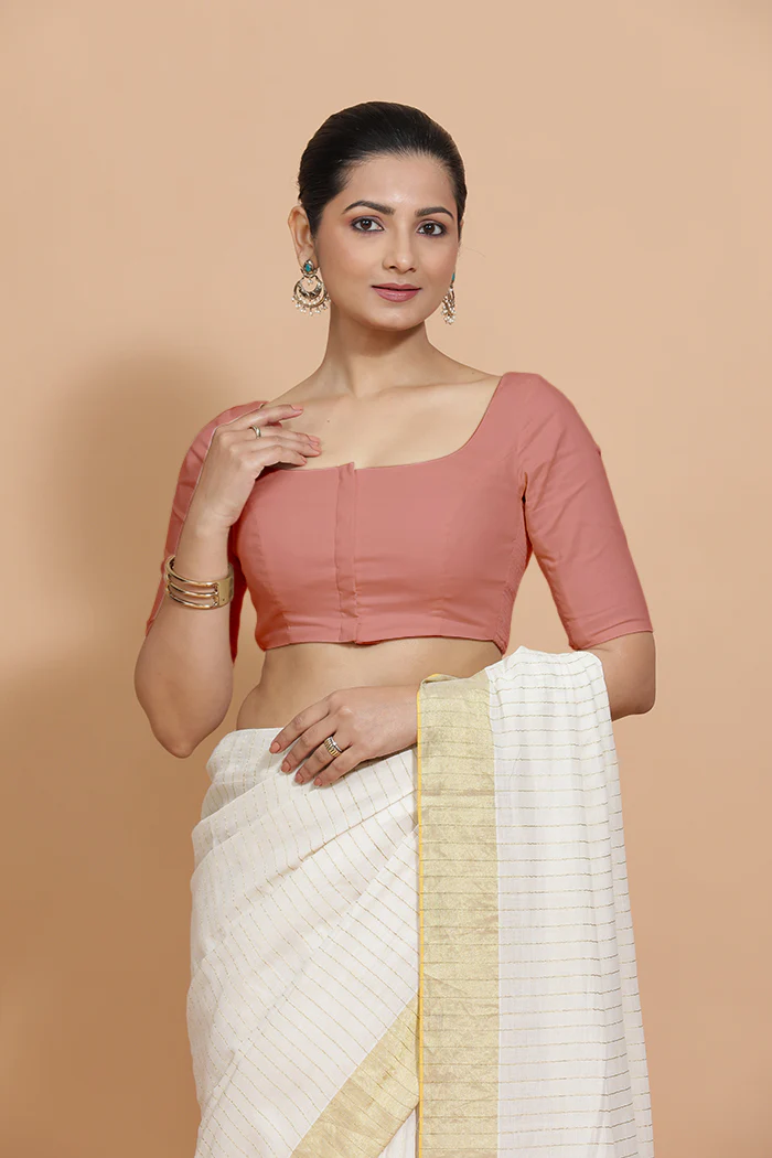 Vritika x Rozaana | Scoop Neck Soft Peach Plain Cotton Saree Blouse - Image 8