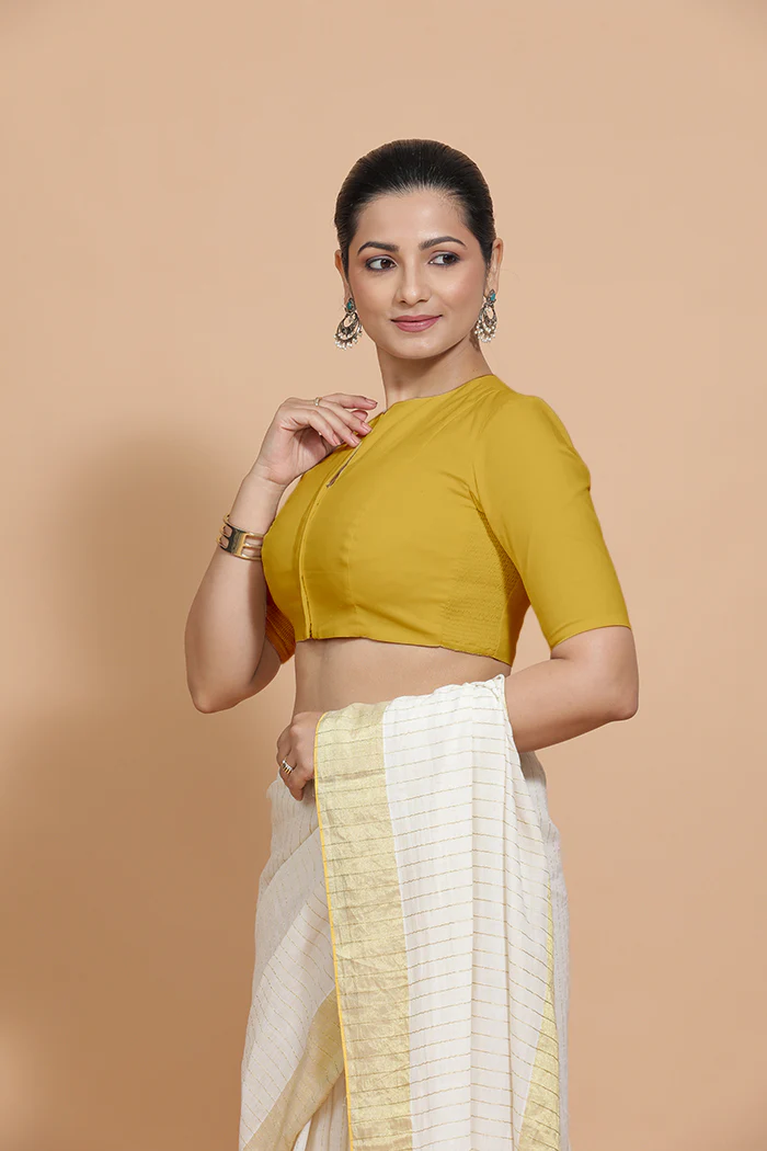 Ananya x Rozaana | Round Neck Sunny Yellow Plain Cotton Saree Blouse