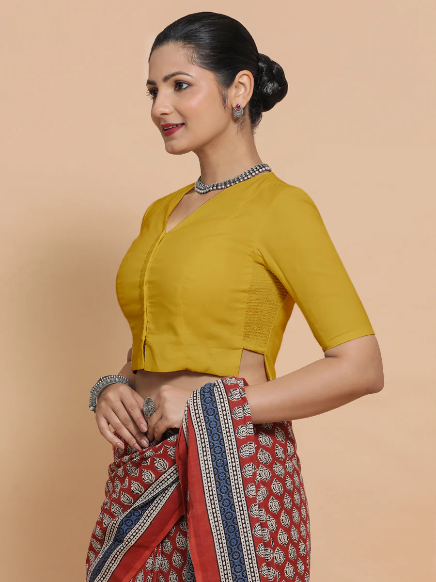 Chaya x Rozaana | V-Neck Sunny Yellow Plain Cotton Saree Blouse - Image 8