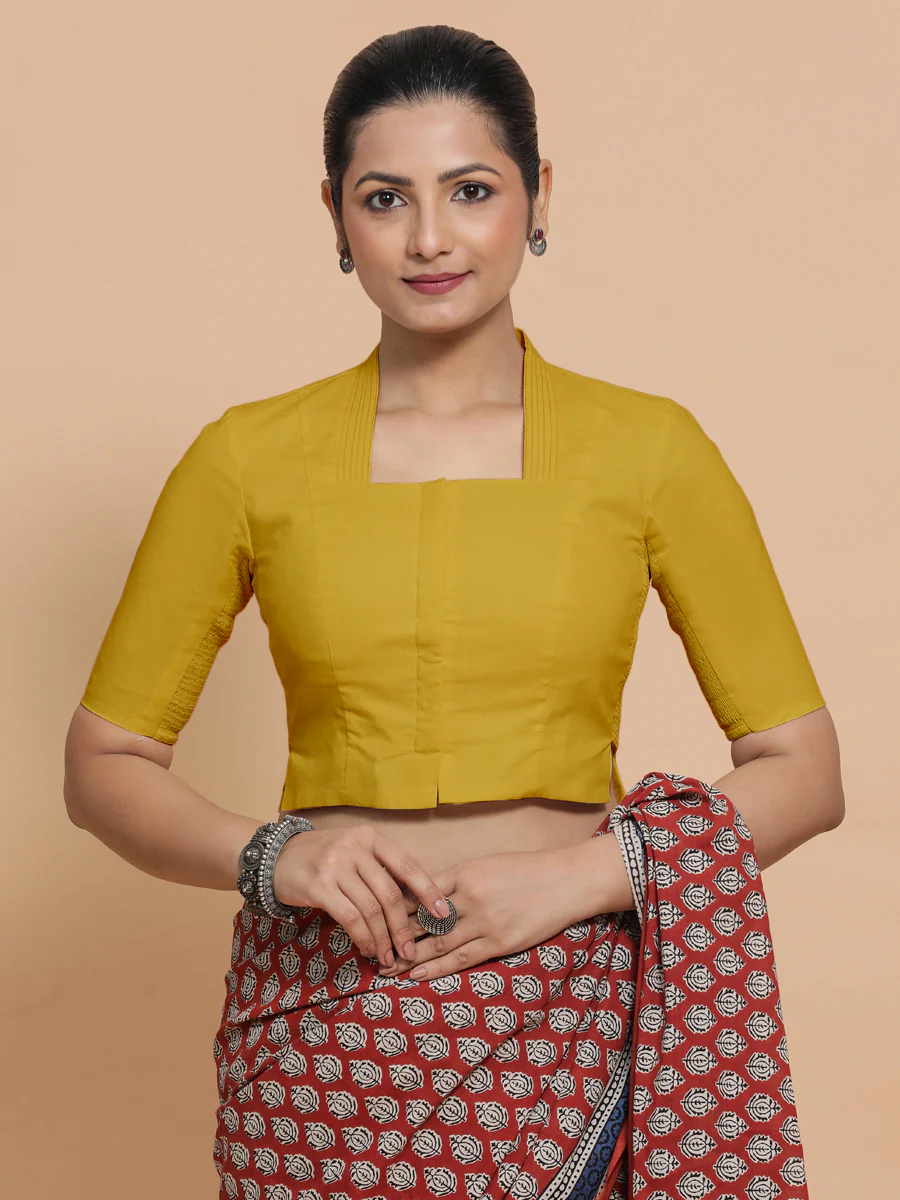 Ganga x Rozaana | Stylised Neck Sunny Yellow Plain Cotton Saree Blouse - Image 6