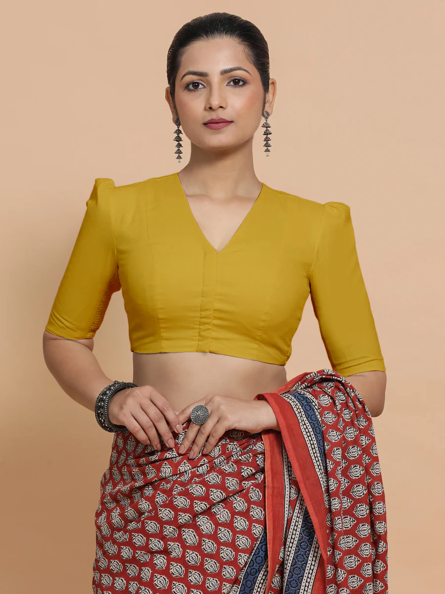 Kriti x Rozaana | V-Neck Sunny Yellow Plain Cotton Saree Blouse - Image 6