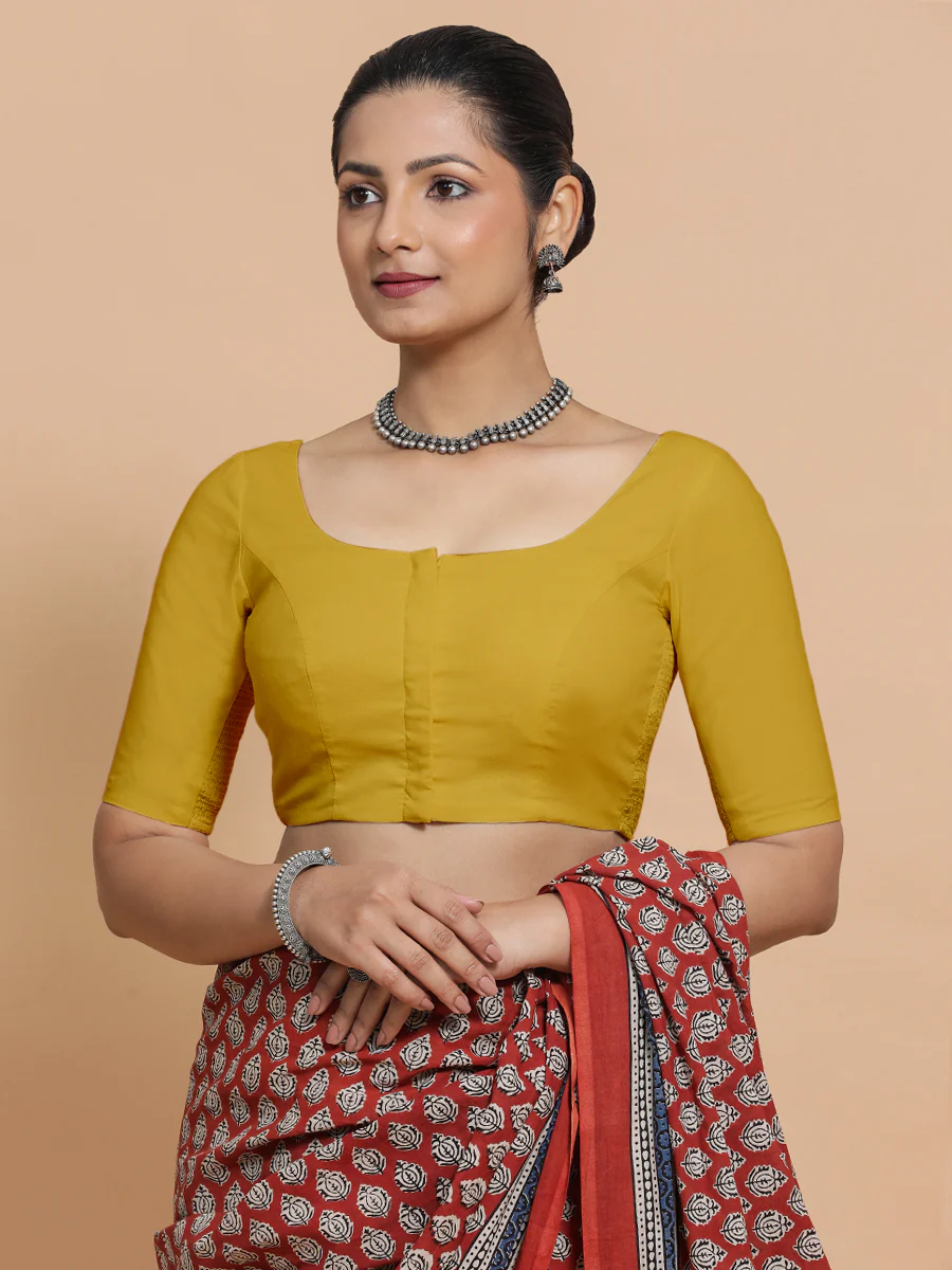 Lahari x Rozaana | Round Neck Sunny Yellow Plain Cotton Saree Blouse - Image 6