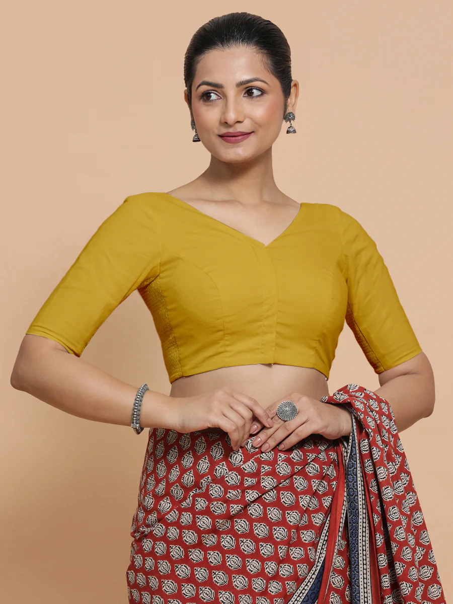 Pragya x Rozaana | V-Neck Sunny Yellow Plain Cotton Saree Blouse - Image 12