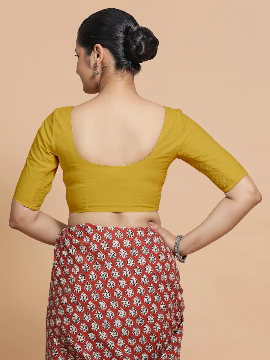 Pragya x Rozaana | V-Neck Sunny Yellow Plain Cotton Saree Blouse - Image 3