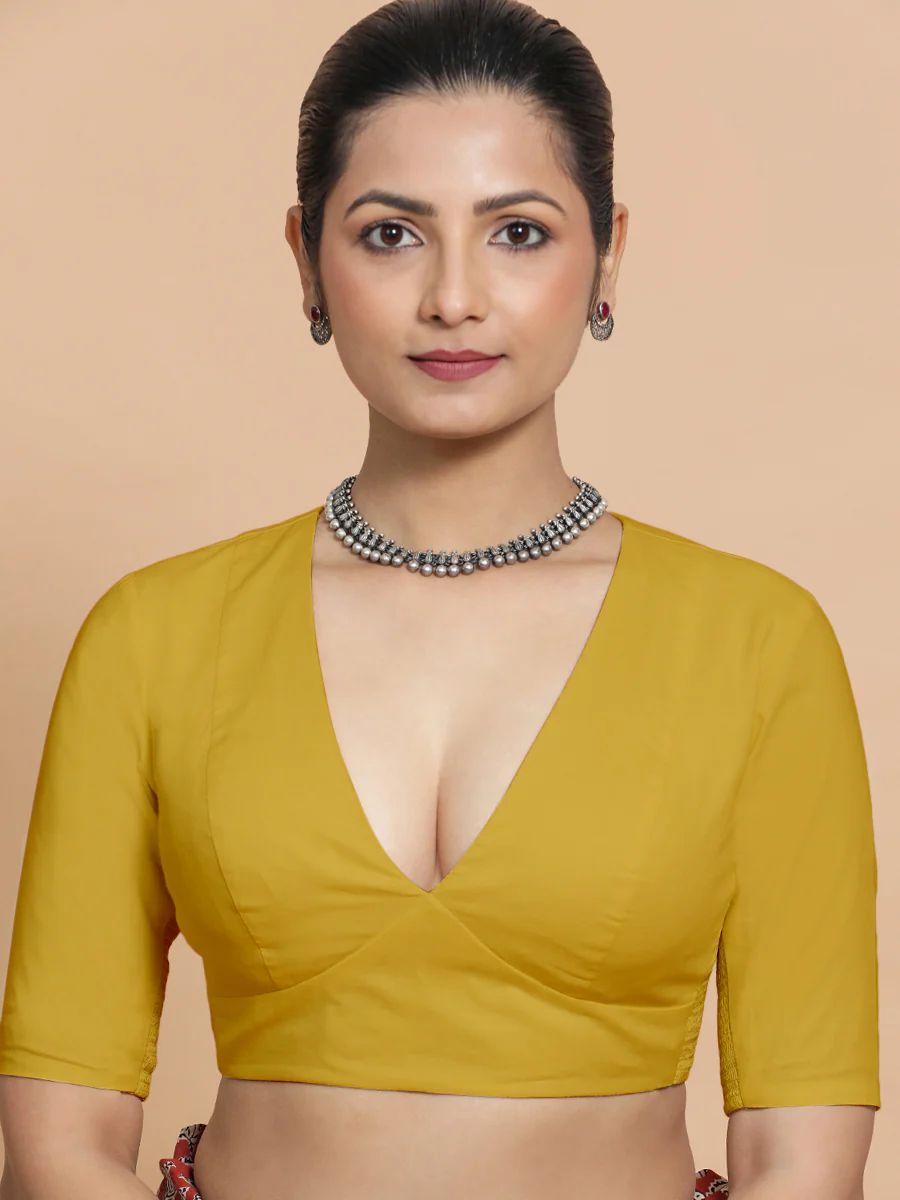 Riddhima x Rozaana | V-Neck Sunny Yellow Plain Cotton Saree Blouse - Image 6