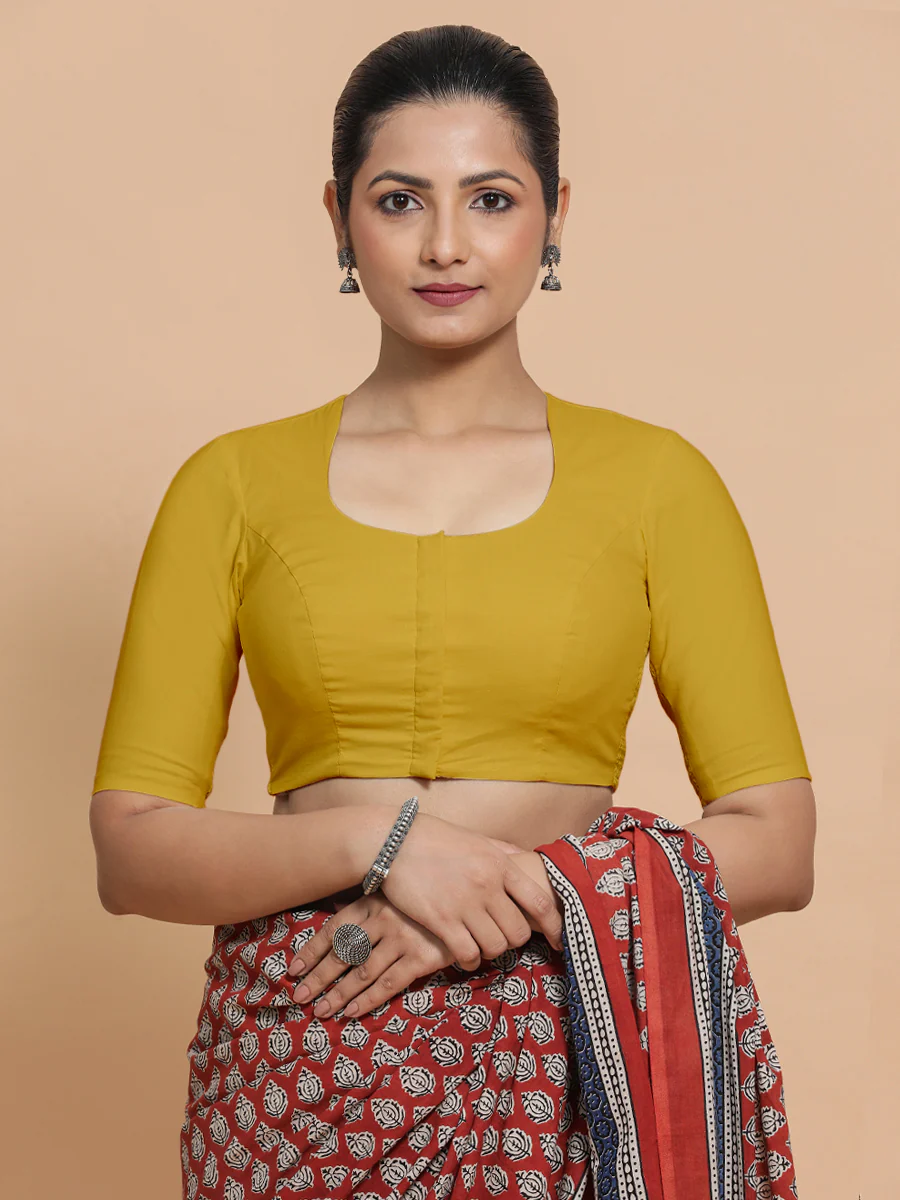 Sajal x Rozaana | Pot Neck Sunny Yellow Plain Cotton Saree Blouse - Image 6