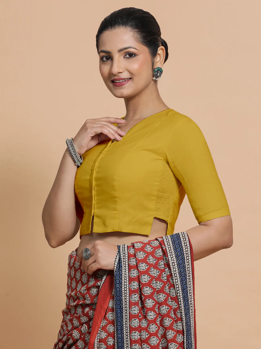 Tejasvi x Rozaana | Round Neck Sunny Yellow Plain Cotton Saree Blouse - Image 11