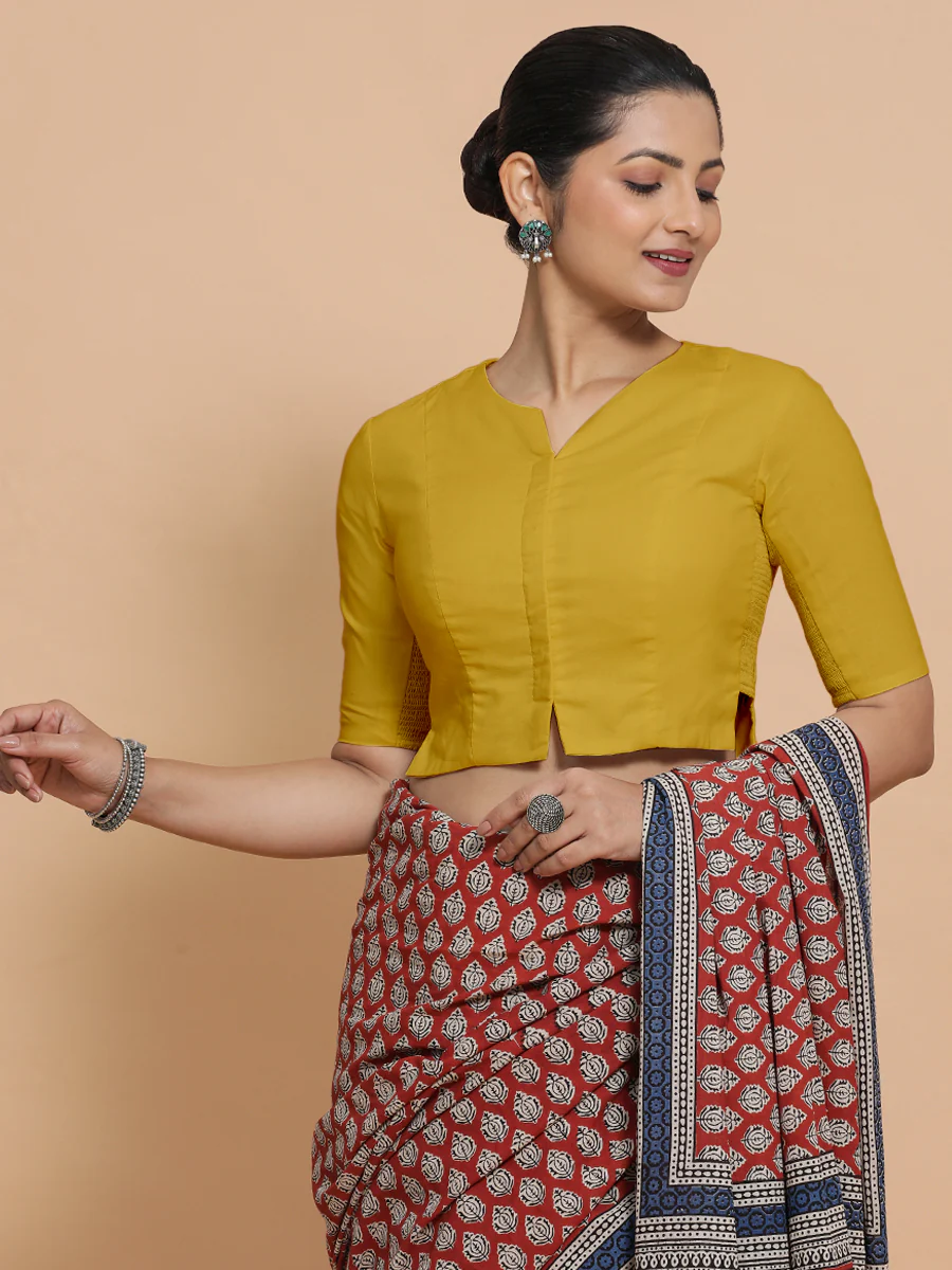 Tejasvi x Rozaana | Round Neck Sunny Yellow Plain Cotton Saree Blouse - Image 5