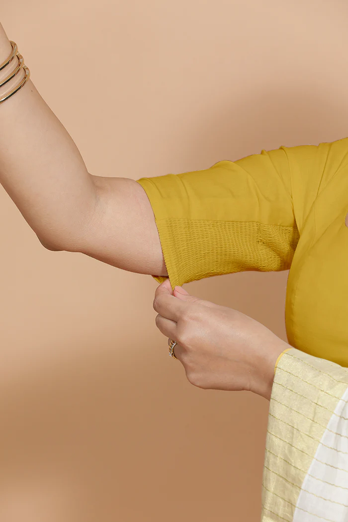 Vritika x Rozaana | Scoop Neck Sunny Yellow Plain Cotton Saree Blouse - Image 4