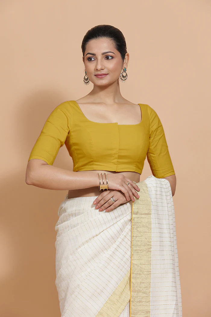 Vritika x Rozaana | Scoop Neck Sunny Yellow Plain Cotton Saree Blouse - Image 8