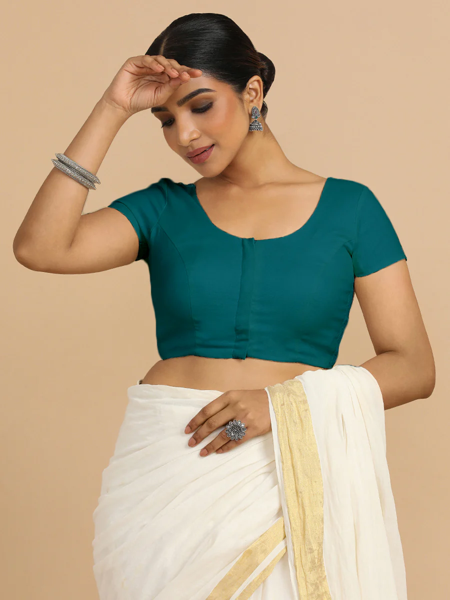 Mona x Rozaana | Short Sleeves Saree Blouse in Teal Blue Linen - Image 7