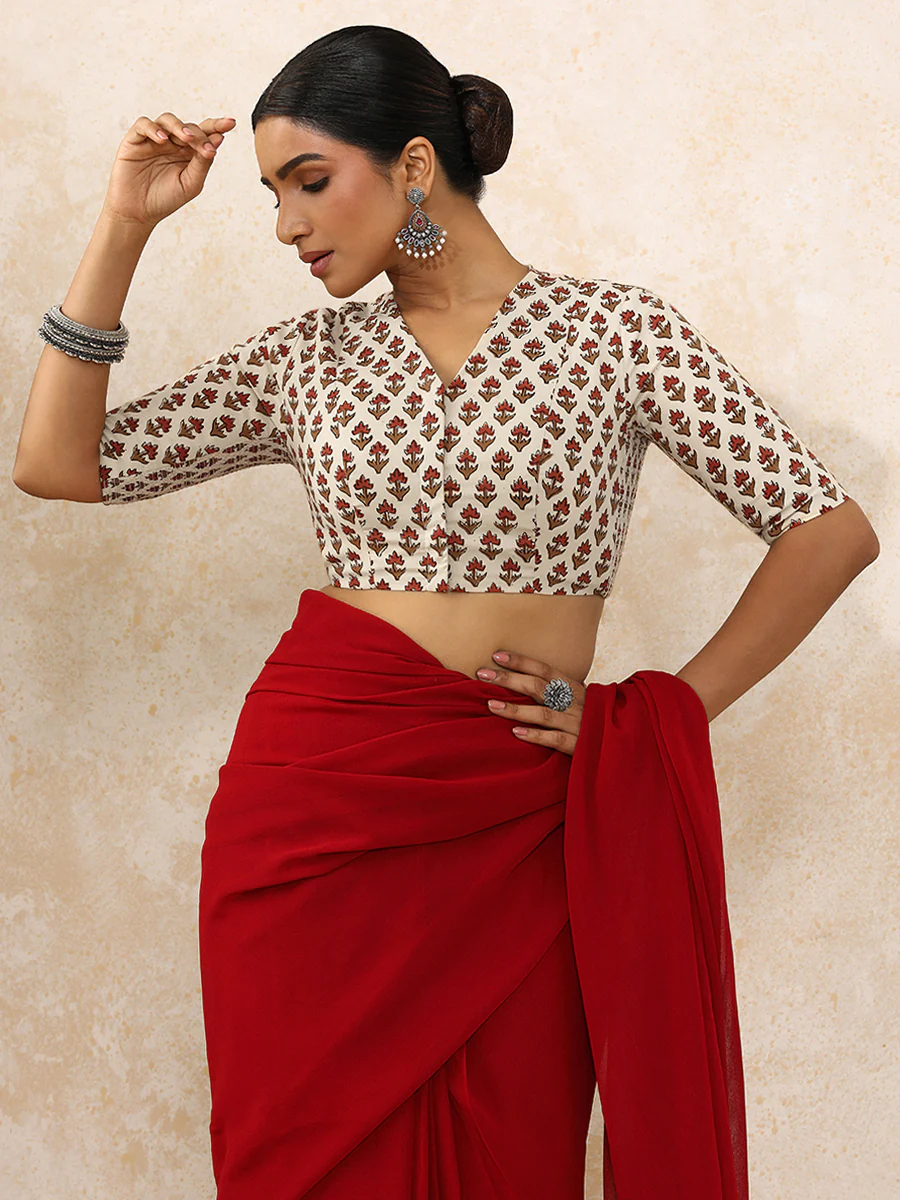 Nila x Rozaana | Elbow Sleeves Saree Blouse in Tulip Bloom Cream Block Print Cotton - Image 12
